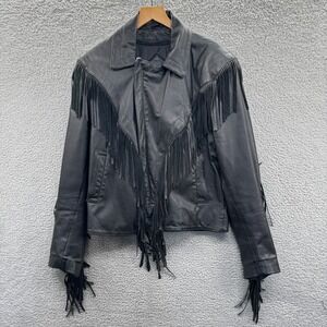 VINTAGE Bermans Leather Fringe Motorcycle Jacket Mens Medium Black Leather